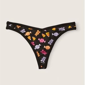 🧡🕷🕸🖤 Victoria's Secret PINK Halloween Black Candy Cotton Thong Panty NWT